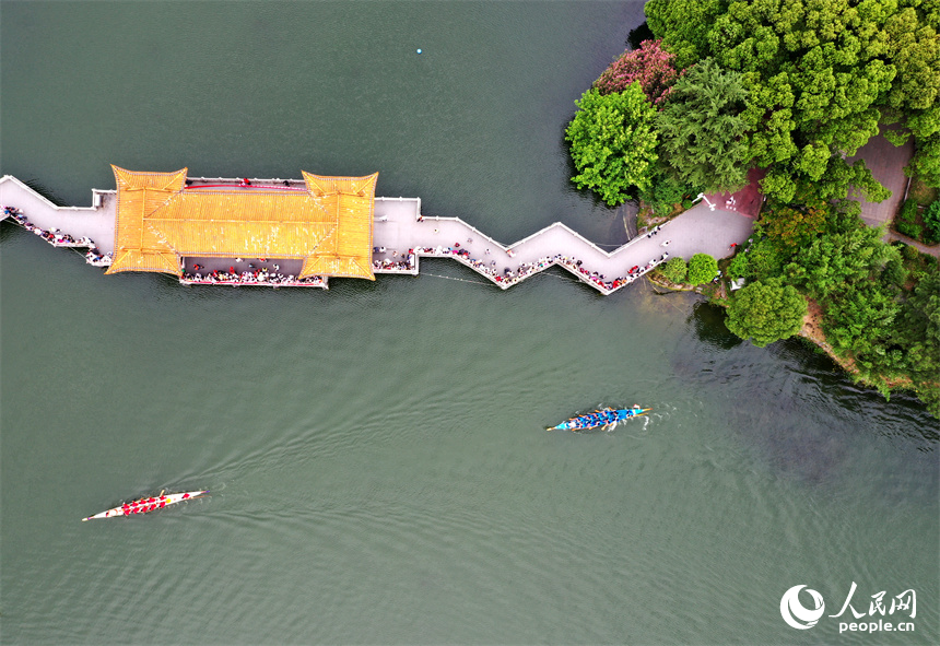 南昌市東湖區百花洲東湖，龍舟在湖面劈波斬浪。 人民網記者 時雨攝