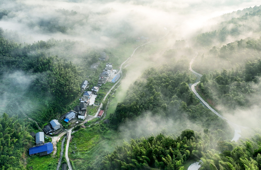 宜豐縣雙峰林場，高速公路與縹緲晨霧、疊嶂層巒相映成景，宛如畫卷。郭祥峰攝