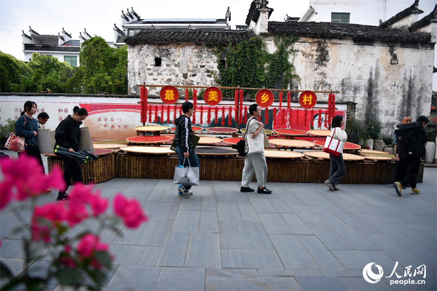 來到村里寫生的學生們從曬匾前走過。 人民網記者 時雨攝