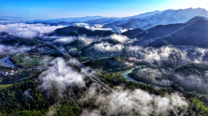 大廣高速公路在云海里若隱若現，美不勝收。尹其奇攝