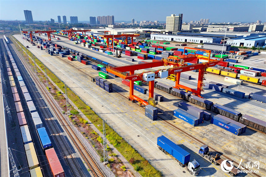 龍門吊在裝運新能源汽車貨柜集裝箱。人民網 朱海鵬攝