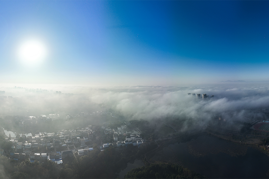 冬日的共青城云霧彌漫，云煙氤氳。潘成攝
