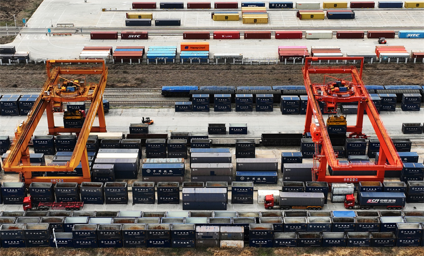 國際陸港內，龍門吊正在吊裝集裝箱，一派繁忙景象。 胡國林攝