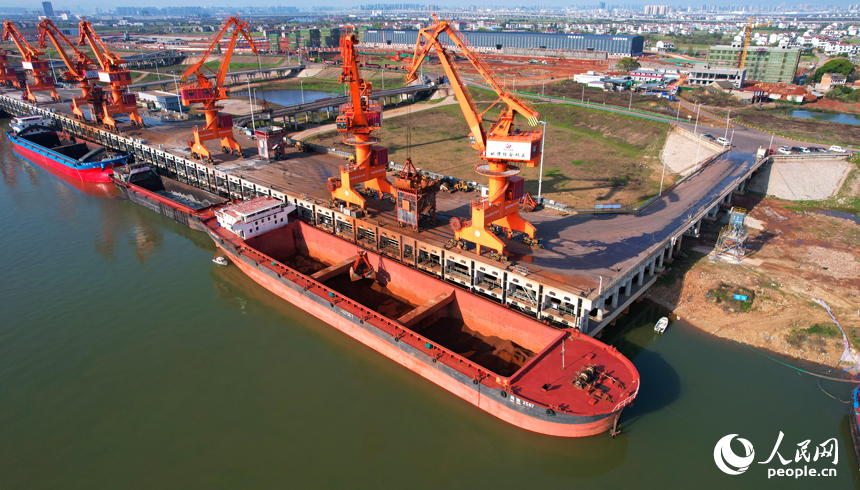 碼頭泊位內，貨船正在進行裝卸作業。人民網記者 毛思遠攝