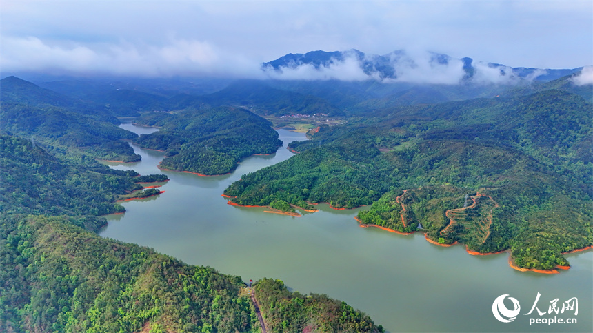 贛州市寧都縣梅江鎮竹坑水庫，群峰疊翠、云霧繚繞，生態風光美不勝收。人民網 朱海鵬攝