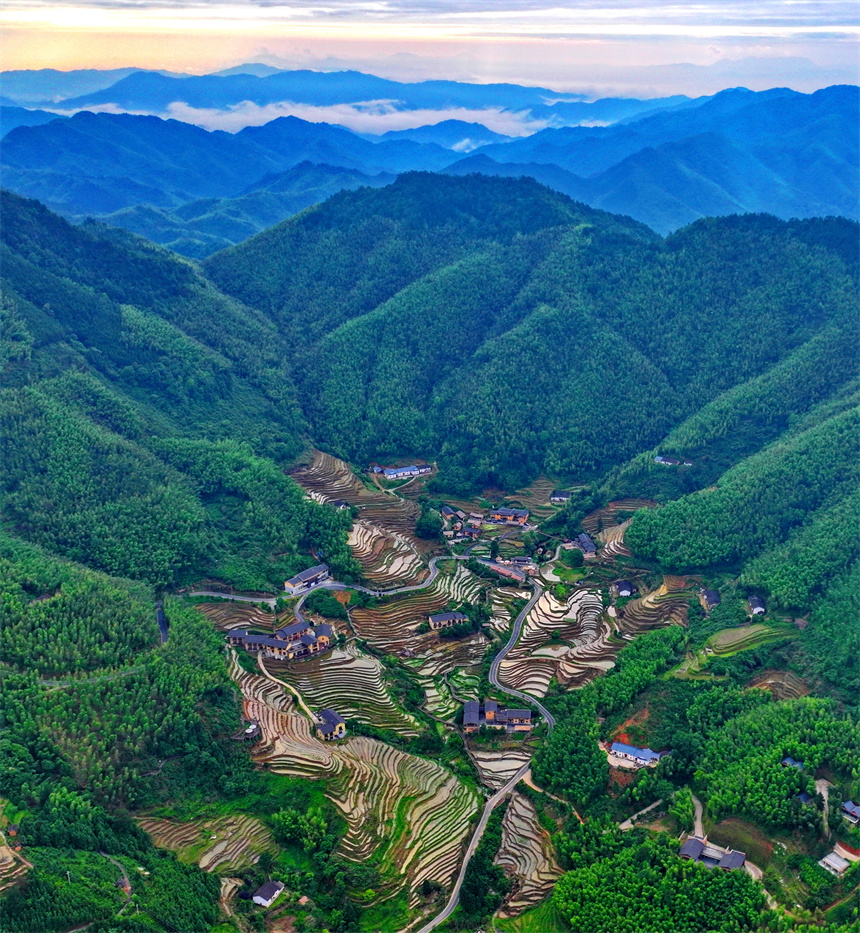 贛州市崇義縣上堡鄉，層層疊疊的梯田與森林、民宿、公路相互映襯，夏日綠色生態美景怡人。人民網 朱海鵬攝