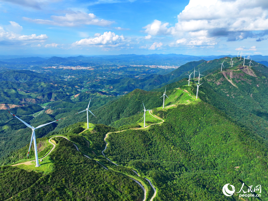 贛州市安遠縣九龍山風力發電場，隨風轉動的發電機組與藍天、白云、綠樹、青山交相輝映。人民網 朱海鵬攝