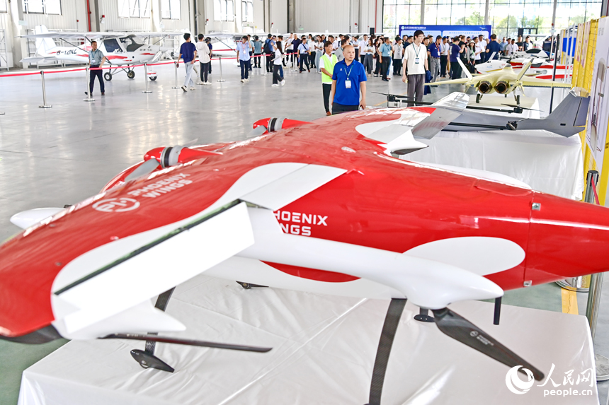 贛州市南康區的中國贛州低空經濟產業園，參觀者在觀看航空飛行器和航模裝備產品展。人民網 朱海鵬攝