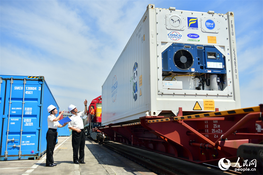 在南昌向塘國際陸港，海關工作人員正在對進境的冷鏈物流班列進行監管。人民網記者 時雨攝