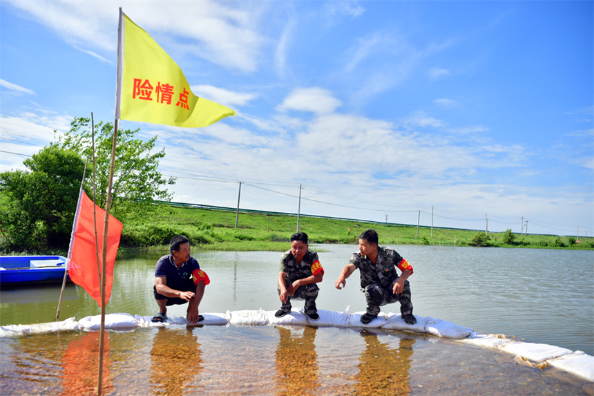 在南昌新建區聯圩鎮五星圩，當地干群正在密切關注一處泡泉搶險點的后續情況。人民網記者 時雨攝