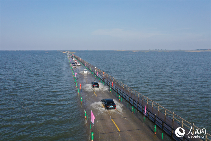 鄱陽湖水位降低，永吳公路大湖池段“浮出”水面，游客們駕車“沖浪”。人民網記者 時雨攝