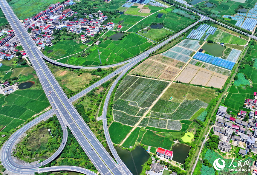 高速公路車輛往來疾馳，沿線鄉村農田密布、房舍林立，美景怡人。人民網 朱海鵬攝