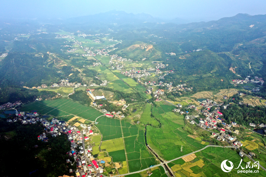 上栗縣赤山鎮黃綠相間的山村田野，青山、農房、道路、小溪相互映襯，構成了一幅秀美的秋日豐收畫卷。人民網記者 時雨攝
