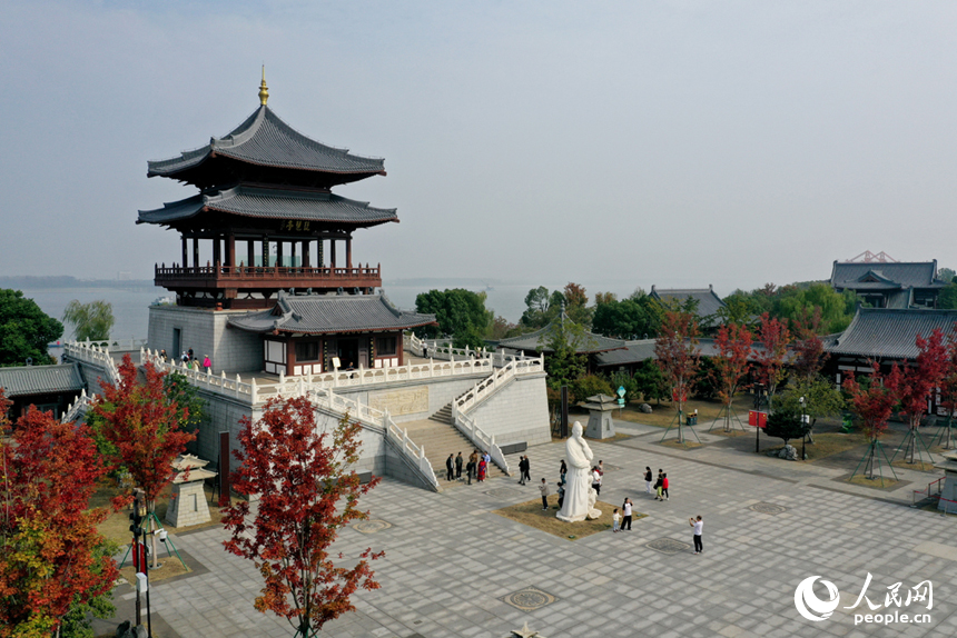 航拍鏡頭下，九江長江國家文化公園在晚秋時節依舊綠意盎然。人民網記者 時雨攝