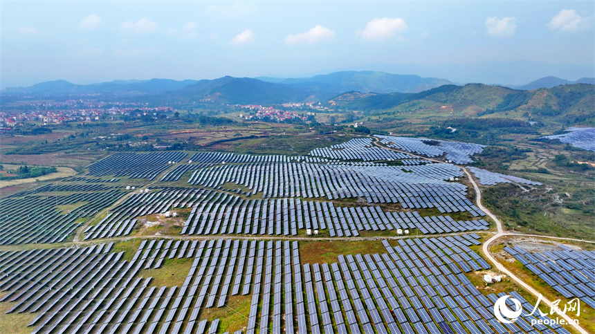 萍鄉市蓮花縣良坊鎮西潭坳50兆瓦光伏電站項目，一排排光伏發電板連片分布。人民網 朱海鵬攝