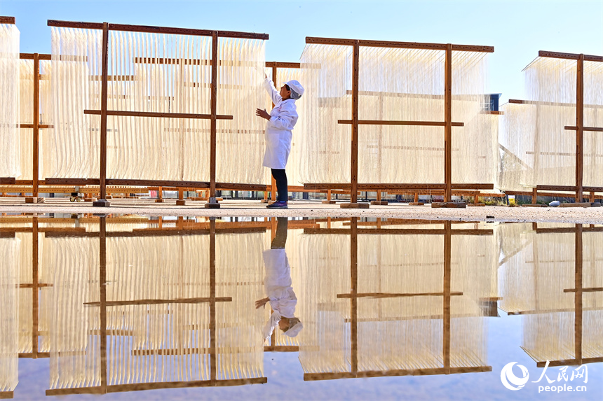 豐城市泉港鎮西岸村，許多農戶在家門口的空坪、曬場晾曬掛面，構成一道獨特的風景。人民網 朱海鵬攝