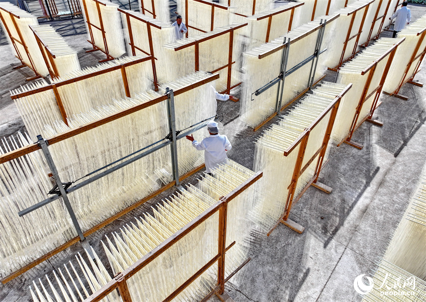 豐城市泉港鎮西岸村，許多農戶在家門口的空坪、曬場晾曬掛面，構成一道獨特的風景。人民網 朱海鵬攝