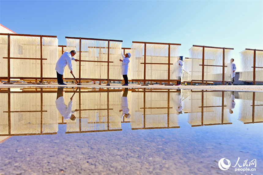 豐城市泉港鎮西岸村，許多農戶在家門口的空坪、曬場晾曬掛面，構成一道獨特的風景。人民網 朱海鵬攝