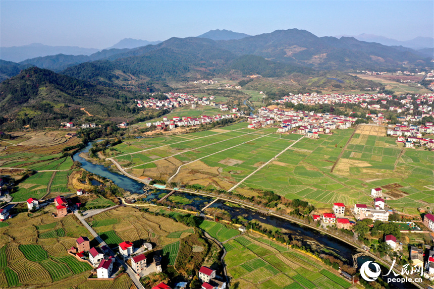 航拍鏡頭下的蓮花縣山村展現出了一幅靜謐而生動的冬日畫卷。人民網記者 時雨攝