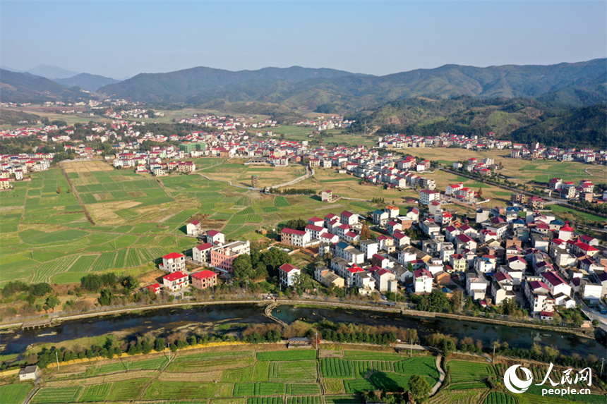 航拍鏡頭下的蓮花縣山村展現出了一幅靜謐而生動的冬日畫卷。人民網記者 時雨攝