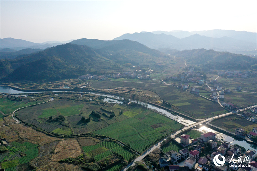 航拍鏡頭下的蓮花縣山村展現出了一幅靜謐而生動的冬日畫卷。人民網記者 時雨攝