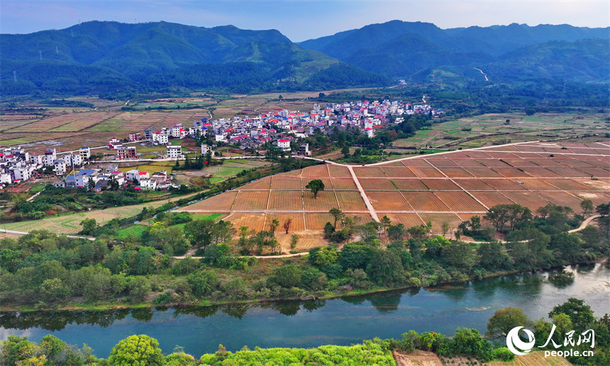 吉安市永新縣沙市鎮，房舍與河流相映成景，構成一幅河暢、水清、岸綠的和美鄉村畫卷。人民網 朱海鵬攝