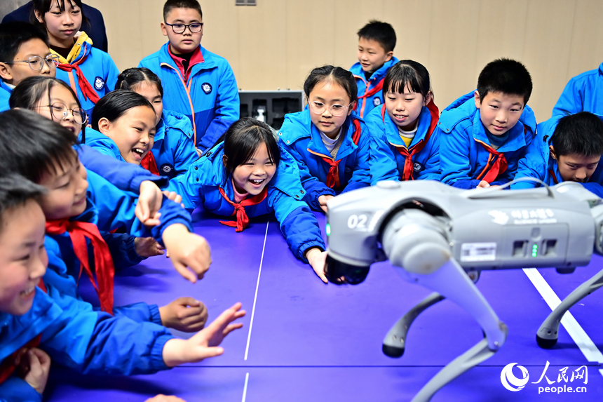 撫州市宜黃縣鳳岡鎮第一小學科普趣味課上，小學生們在觀看仿生機器狗表演。人民網 朱海鵬攝