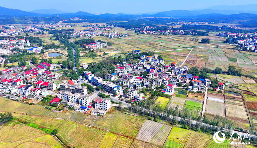 吉安市永新縣龍源口鎮辛田村一帶，農村公路與錯落有致的耕地、農房交相輝映，構成一道獨特的冬日鄉村美景。人民網 朱海鵬攝