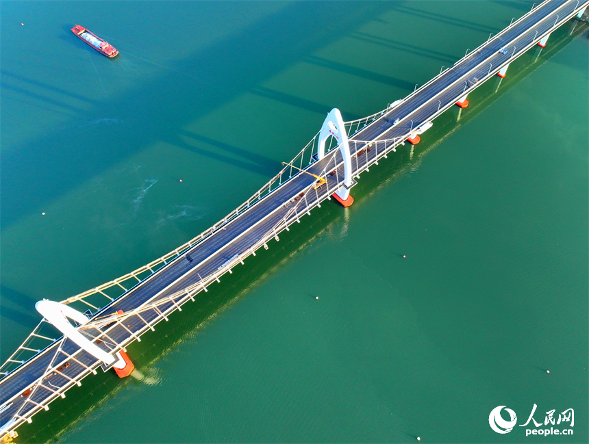 豐城市贛江水域，新建成的紫云大橋與碧水、綠樹、建筑相映成景。人民網 朱海鵬攝