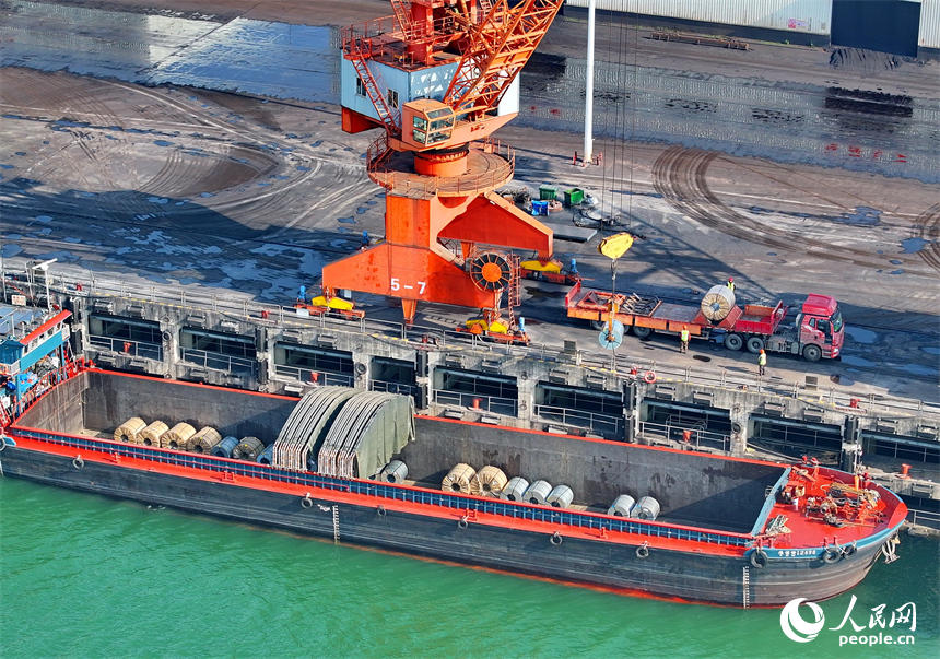 樟樹市樟樹港大碼頭，貨輪、貨車往來穿梭，吊裝運輸作業繁忙有序。人民網 朱海鵬攝
