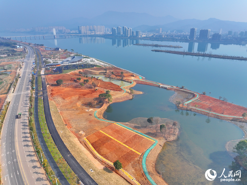 吉水縣贛江江灘，工人操作機械設備在進行表土剝離，為下一步種植草皮、樹木等綠化苗木做準備。人民網 朱海鵬攝