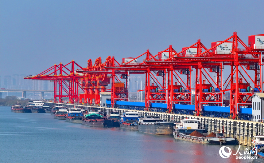 南昌市南昌縣贛江江畔的姚灣綜合碼頭，電煤、化肥、玉米粒等散雜貨物裝卸有序。人民網 朱海鵬攝