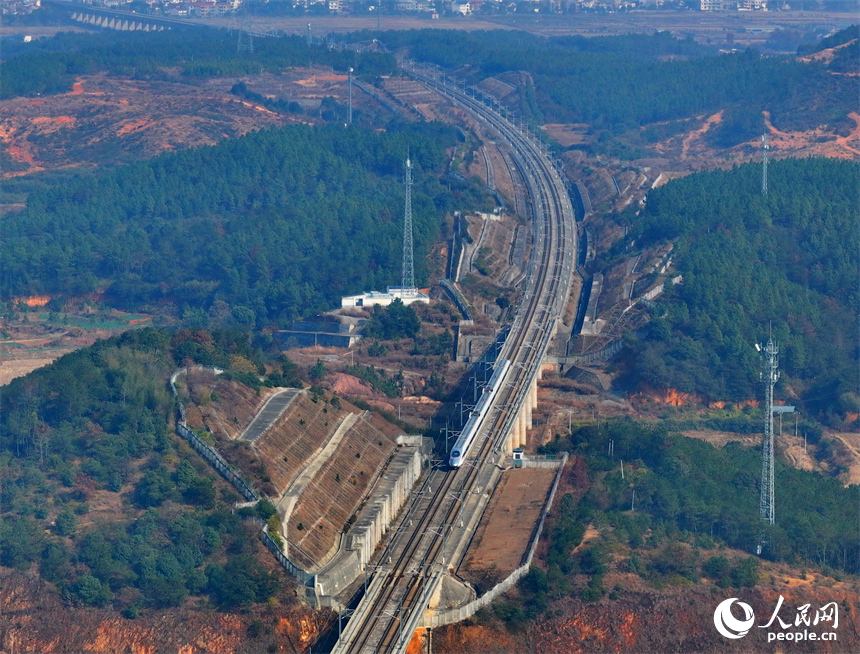 高鐵列車在京港高鐵昌贛段吉水贛江大橋上疾馳而過。人民網 朱海鵬攝