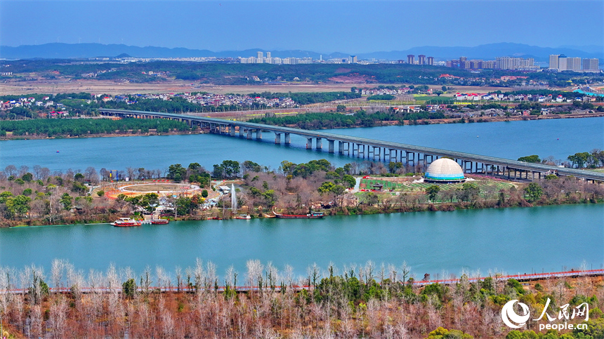 吉安市吉水縣文峰鎮，贛江沿線綠道蜿蜒，樹木林立，呈現出一幅水清岸綠景美景色美的畫卷。人民網朱海鵬攝