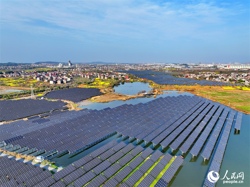 位于豐城市的國家能源集團豐城光伏發電項目泉塘光伏電站，連片的光伏發電板依次排列，熠熠生輝。人民網 朱海鵬攝