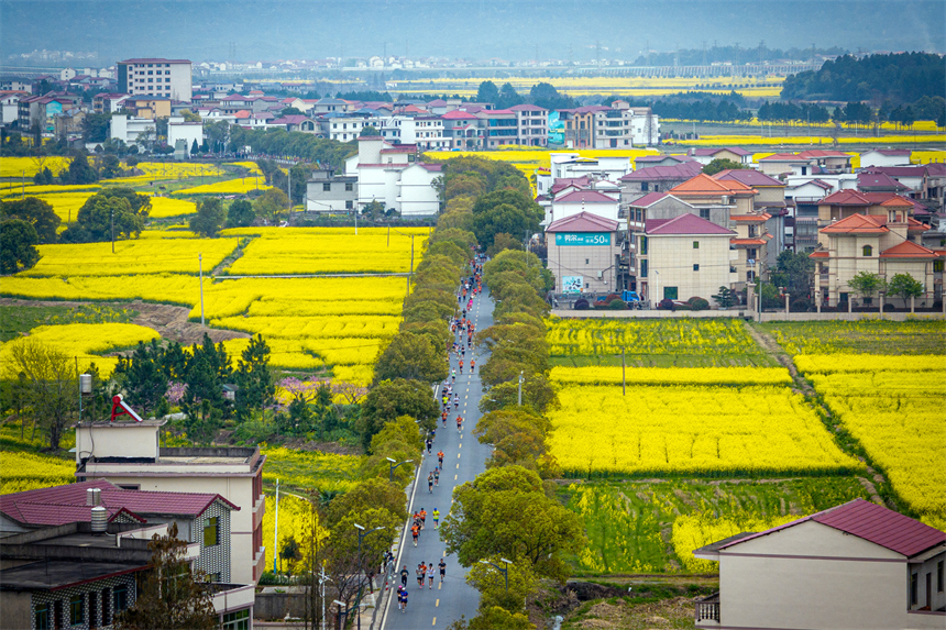 油菜花海中，參賽選手們揮灑汗水，向著終點一路進發。王保萌攝