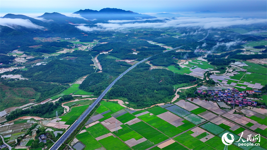 吉安市吉水縣文峰鎮葛山村，山巒起伏、水潤田疇、云霧繚繞，構成一幅初夏美麗鄉村田園圖景。人民網 朱海鵬攝