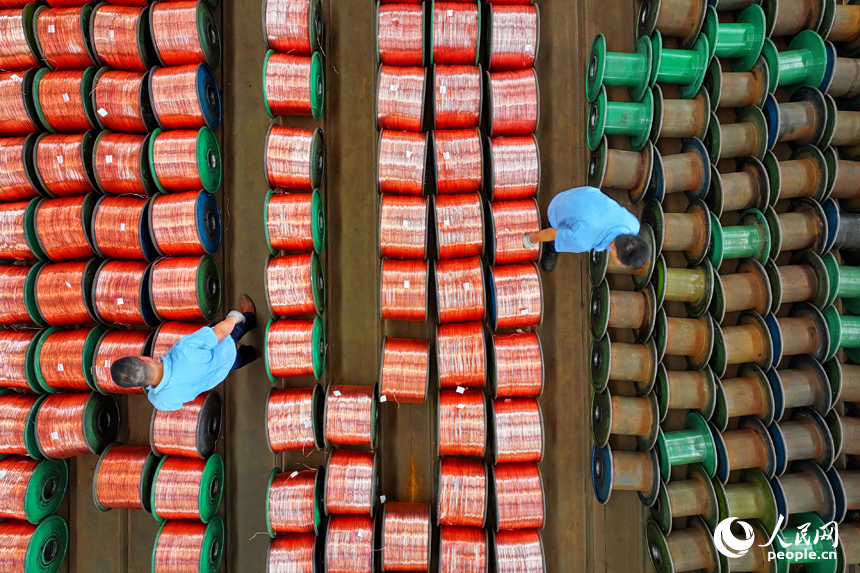 瑞金市經濟開發區的一家電線電纜企業智能制造車間內，工人在生產線上趕制出口的銅線訂單產品。人民網 朱海鵬攝