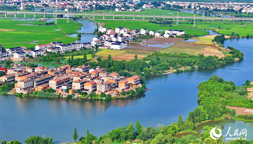 南昌市南昌縣富山鄉灘上村，田園碧水環繞、農房錯落有致，夏日鄉村美景怡人。人民網 朱海鵬攝