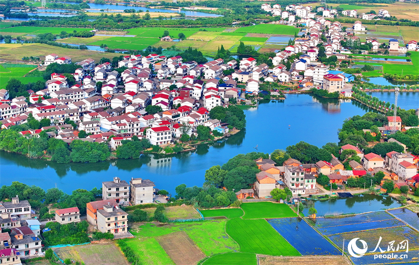 南昌市南昌縣富山鄉灘上村，田園碧水環繞、農房錯落有致，夏日鄉村美景怡人。人民網 朱海鵬攝