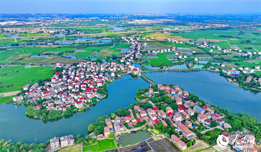 南昌市南昌縣富山鄉灘上村，田園碧水環繞、農房錯落有致，夏日鄉村美景怡人。人民網 朱海鵬攝