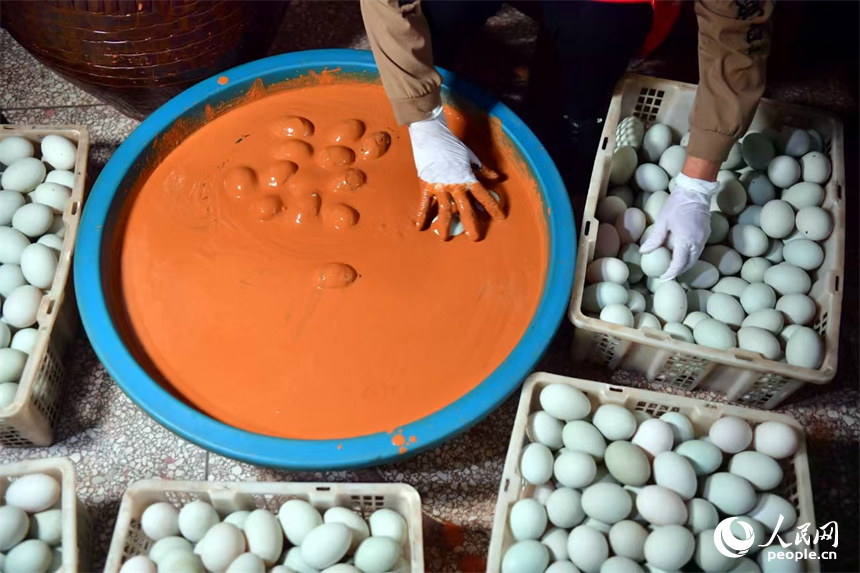 村民正在腌制咸鴨蛋。人民網記者 時雨攝