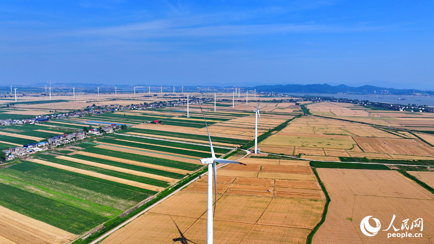 九江市柴桑區江洲鎮風光旖旎，風力發電機迎風運轉，源源不斷地輸出清潔電能。人民網 朱海鵬攝