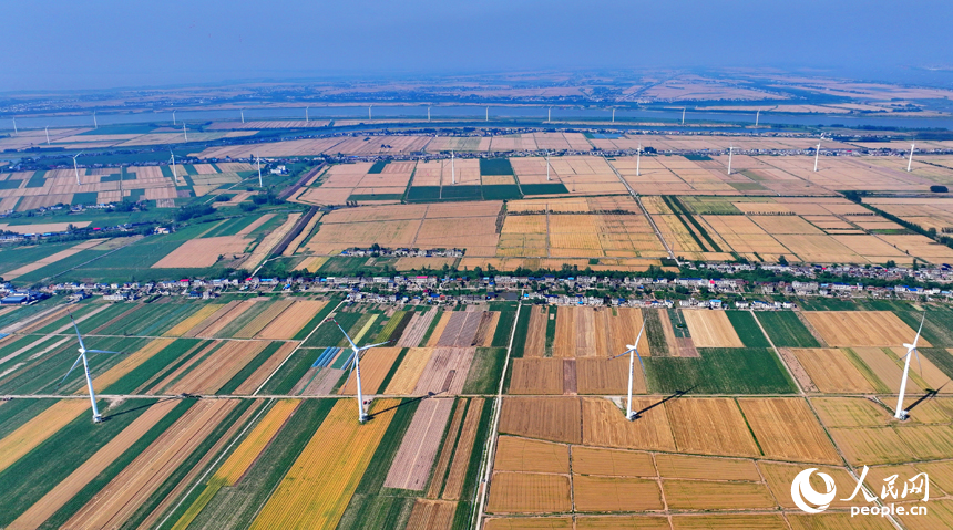 九江市柴桑區江洲鎮風光旖旎，風力發電機迎風運轉，源源不斷地輸出清潔電能。人民網 朱海鵬攝