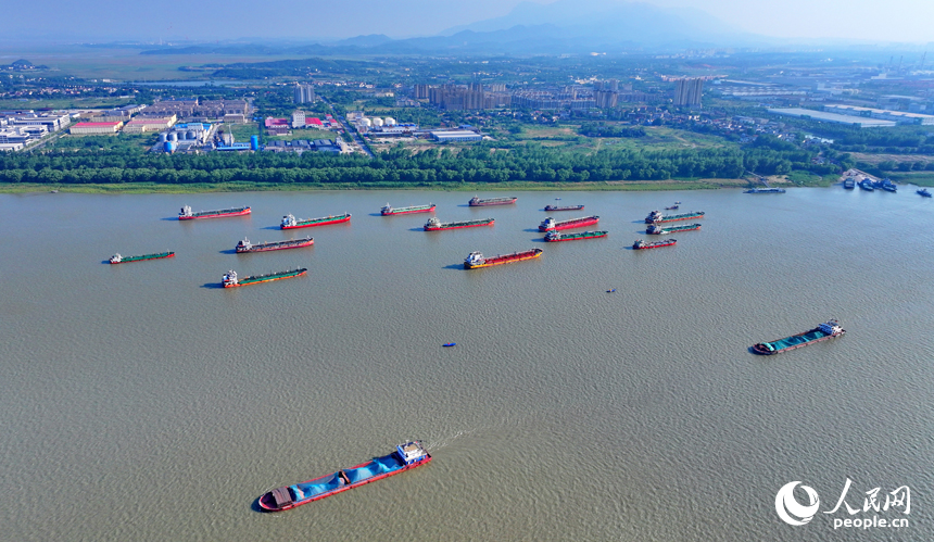 九江市柴桑區江洲鎮的長江段航道，運輸船舶有序航行。人民網 朱海鵬攝