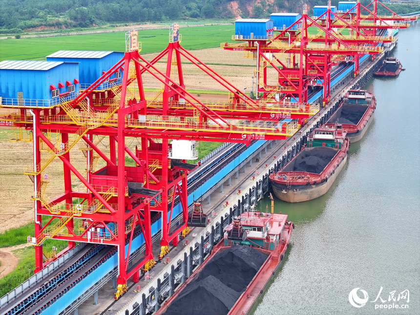 豐城港區尚莊貨運碼頭，橋吊起重機和傳輸帶將一船船電煤運往發電廠發電。人民網 朱海鵬攝