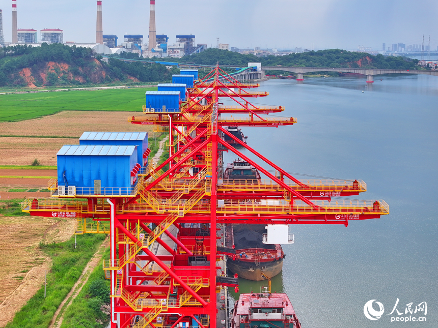 豐城港區尚莊貨運碼頭，橋吊起重機和傳輸帶將一船船電煤運往發電廠發電。人民網 朱海鵬攝