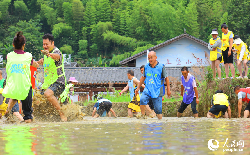崇義縣上堡鄉上堡梯田，村民在參與鄉村趣味運動會水田摸魚比賽。人民網 朱海鵬攝