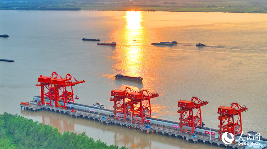 橋吊機臂林立，電煤卸船有序推進，一船船電煤經傳輸帶運至發電廠發電。人民網 朱海鵬攝