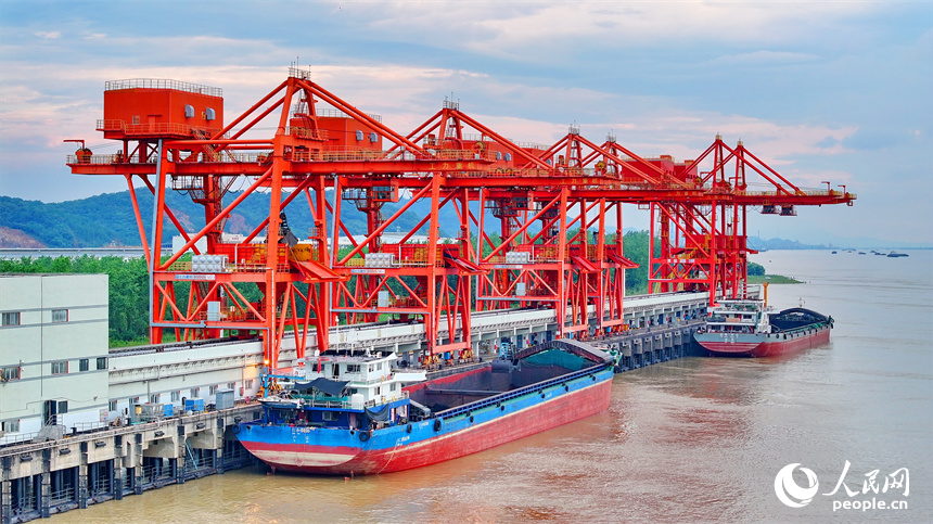 橋吊機臂林立，電煤卸船有序推進，一船船電煤經傳輸帶運至發電廠發電。人民網 朱海鵬攝